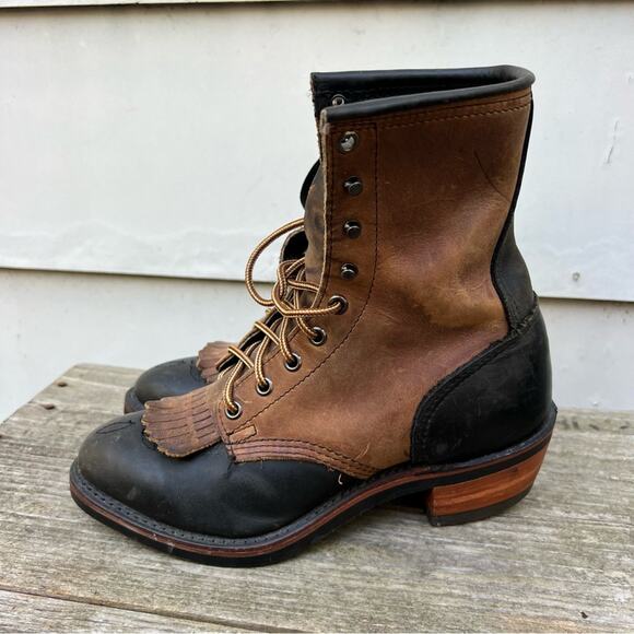 VTG 90s Black Brown Two Tone Lace Up Roper Kilte Fringe PAC Boots Roper 7 1/2M - Picture 5 of 8